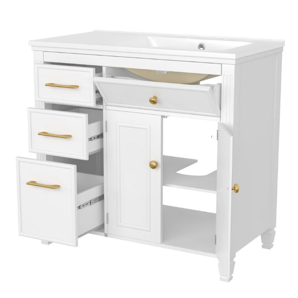 English Elm Video 36 Inch Bathroom Vanity with Ceramic Sink Soft Close Drawers Acacia Legs Gray White N759S284623K