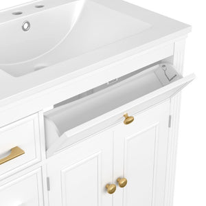English Elm Video 36 Inch Bathroom Vanity with Ceramic Sink Soft Close Drawers Acacia Legs Gray White N759S284623K
