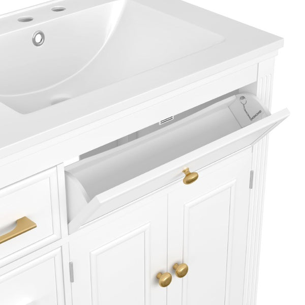English Elm Video 36 Inch Bathroom Vanity with Ceramic Sink Soft Close Drawers Acacia Legs Gray White N759S284623K