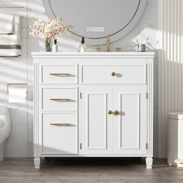 English Elm Video 36 Inch Bathroom Vanity with Ceramic Sink Soft Close Drawers Acacia Legs Gray White N759S284623K