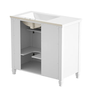 English Elm Video 36 Inch Bathroom Vanity with Ceramic Sink Soft Close Drawers Acacia Legs Gray White N759S284623K