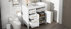 English Elm Video 36 Inch Bathroom Vanity with Ceramic Sink Soft Close Drawers Acacia Legs Gray White N759S284623K