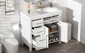 English Elm Video 36 Inch Bathroom Vanity with Ceramic Sink Soft Close Drawers Acacia Legs Gray White N759S284623K