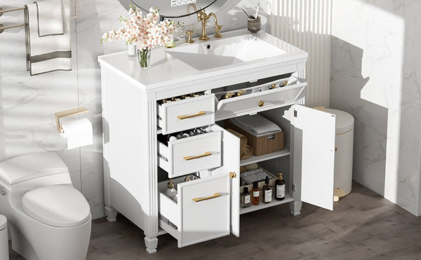English Elm Video 36 Inch Bathroom Vanity with Ceramic Sink Soft Close Drawers Acacia Legs Gray White N759S284623K
