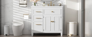 English Elm Video 36 Inch Bathroom Vanity with Ceramic Sink Soft Close Drawers Acacia Legs Gray White N759S284623K