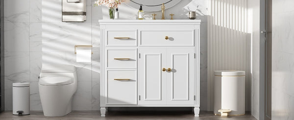 English Elm Video 36 Inch Bathroom Vanity with Ceramic Sink Soft Close Drawers Acacia Legs Gray White N759S284623K