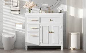English Elm Video 36 Inch Bathroom Vanity with Ceramic Sink Soft Close Drawers Acacia Legs Gray White N759S284623K