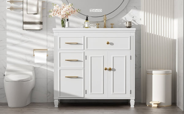 English Elm Video 36 Inch Bathroom Vanity with Ceramic Sink Soft Close Drawers Acacia Legs Gray White N759S284623K