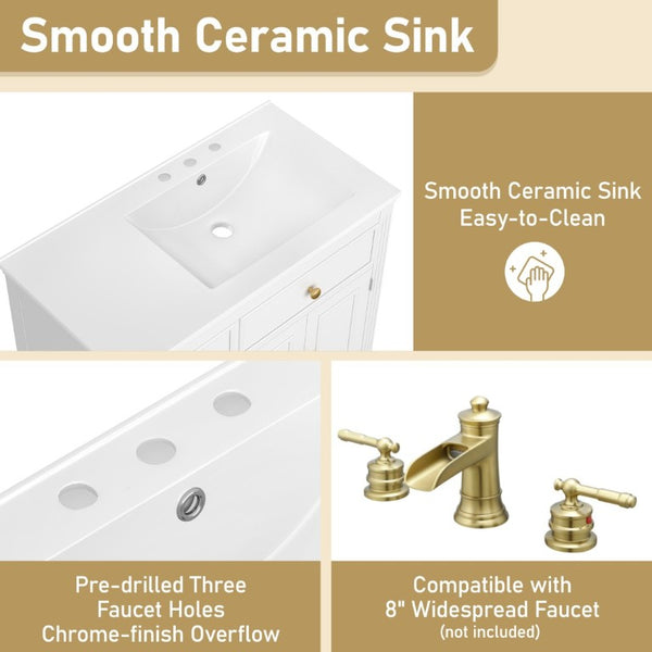 English Elm Video 36 Inch Bathroom Vanity with Ceramic Sink Soft Close Drawers Acacia Legs Gray White N759S284623K