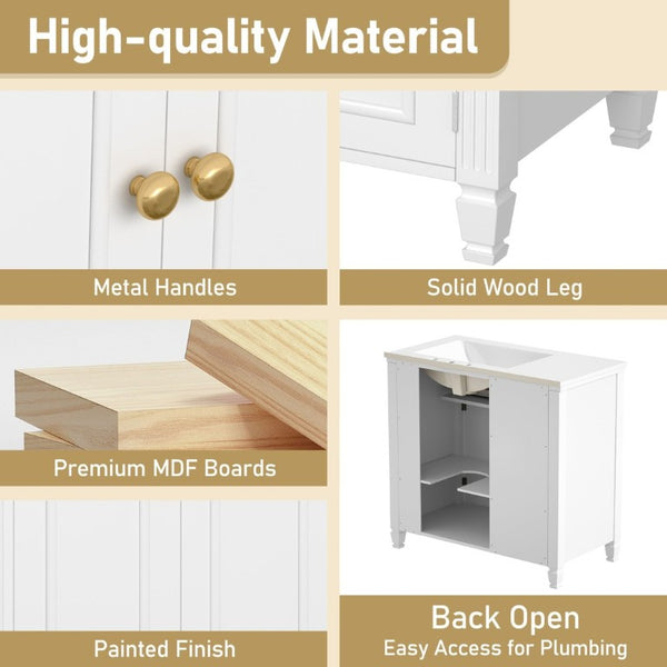 English Elm Video 36 Inch Bathroom Vanity with Ceramic Sink Soft Close Drawers Acacia Legs Gray White N759S284623K
