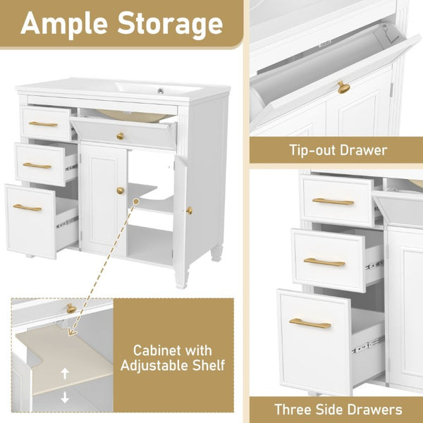 English Elm Video 36 Inch Bathroom Vanity with Ceramic Sink Soft Close Drawers Acacia Legs Gray White N759S284623K