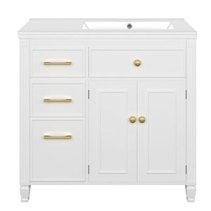English Elm Video 36 Inch Bathroom Vanity with Ceramic Sink Soft Close Drawers Acacia Legs Gray White N759S284623K