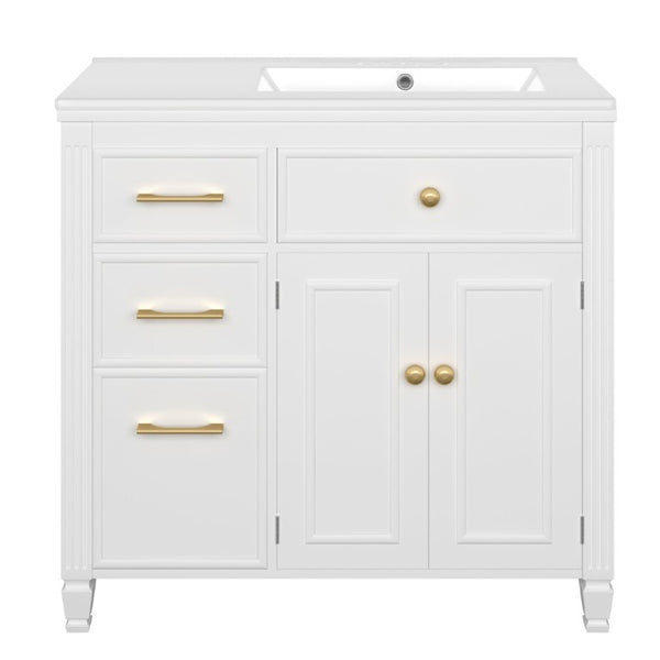 English Elm Video 36 Inch Bathroom Vanity with Ceramic Sink Soft Close Drawers Acacia Legs Gray White N759S284623K