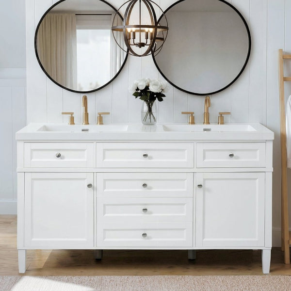 English Elm Video 30 Inch Freestanding Bathroom Vanity with Ceramic Sink and Rubberwood Legs in White 59.1 inches Solid Wood+MDF+Resin N759S459610K