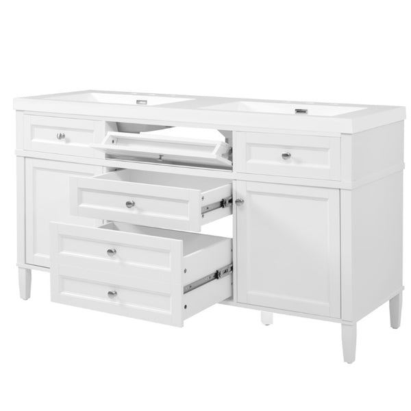 English Elm Video 30 Inch Freestanding Bathroom Vanity with Ceramic Sink and Rubberwood Legs in White 59.1 inches Solid Wood+MDF+Resin N759S459610K