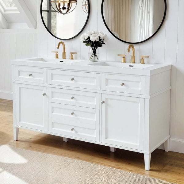 English Elm Video 30 Inch Freestanding Bathroom Vanity with Ceramic Sink and Rubberwood Legs in White 59.1 inches Solid Wood+MDF+Resin N759S459610K