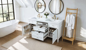 English Elm Video 30 Inch Freestanding Bathroom Vanity with Ceramic Sink and Rubberwood Legs in White 59.1 inches Solid Wood+MDF+Resin N759S459610K