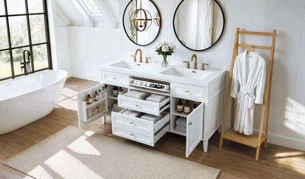 English Elm Video 30 Inch Freestanding Bathroom Vanity with Ceramic Sink and Rubberwood Legs in White 59.1 inches Solid Wood+MDF+Resin N759S459610K
