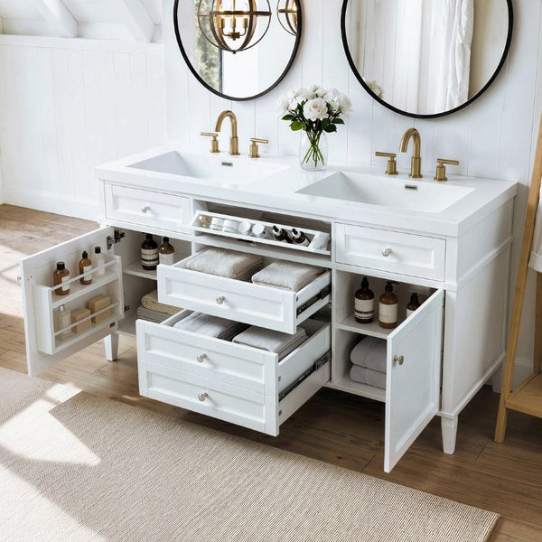 English Elm Video 30 Inch Freestanding Bathroom Vanity with Ceramic Sink and Rubberwood Legs in White 59.1 inches Solid Wood+MDF+Resin N759S459610K