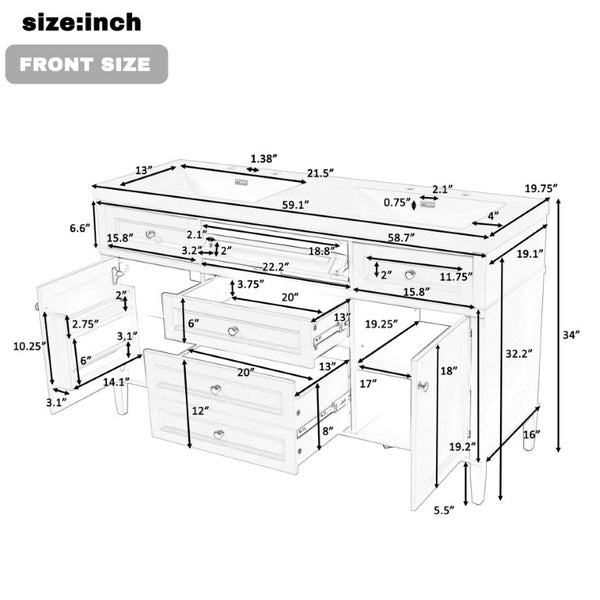 English Elm Video 30 Inch Freestanding Bathroom Vanity with Ceramic Sink and Rubberwood Legs in White 59.1 inches Solid Wood+MDF+Resin N759S459610K
