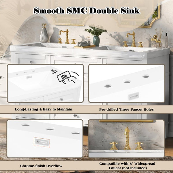English Elm Video 30 Inch Freestanding Bathroom Vanity with Ceramic Sink and Rubberwood Legs in White 59.1 inches Solid Wood+MDF+Resin N759S459610K