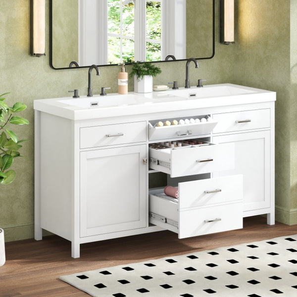English Elm Video 30 Inch Freestanding Bathroom Vanity with Ceramic Sink and Rubberwood Legs in White 59.1 inches MDF,Resin N759S459611K