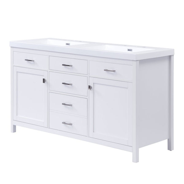 English Elm Video 30 Inch Freestanding Bathroom Vanity with Ceramic Sink and Rubberwood Legs in White 59.1 inches MDF,Resin N759S459611K