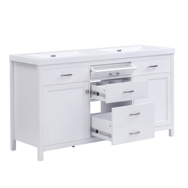 English Elm Video 30 Inch Freestanding Bathroom Vanity with Ceramic Sink and Rubberwood Legs in White 59.1 inches MDF,Resin N759S459611K