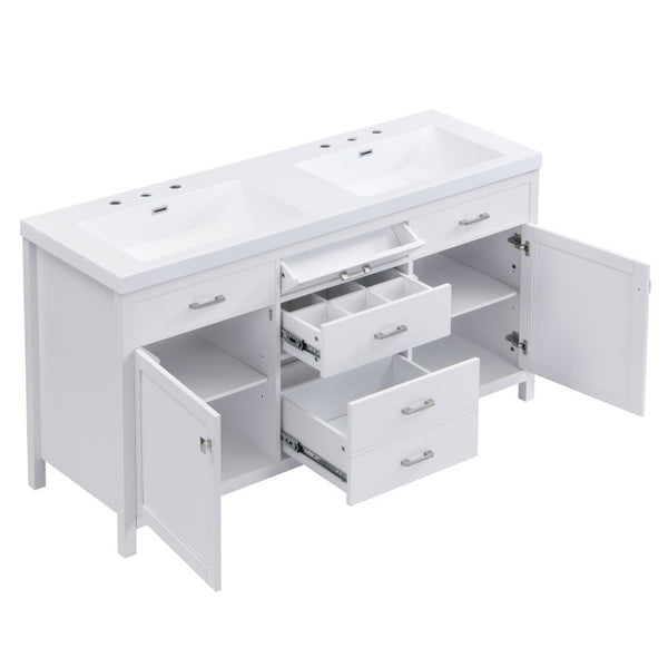 English Elm Video 30 Inch Freestanding Bathroom Vanity with Ceramic Sink and Rubberwood Legs in White 59.1 inches MDF,Resin N759S459611K