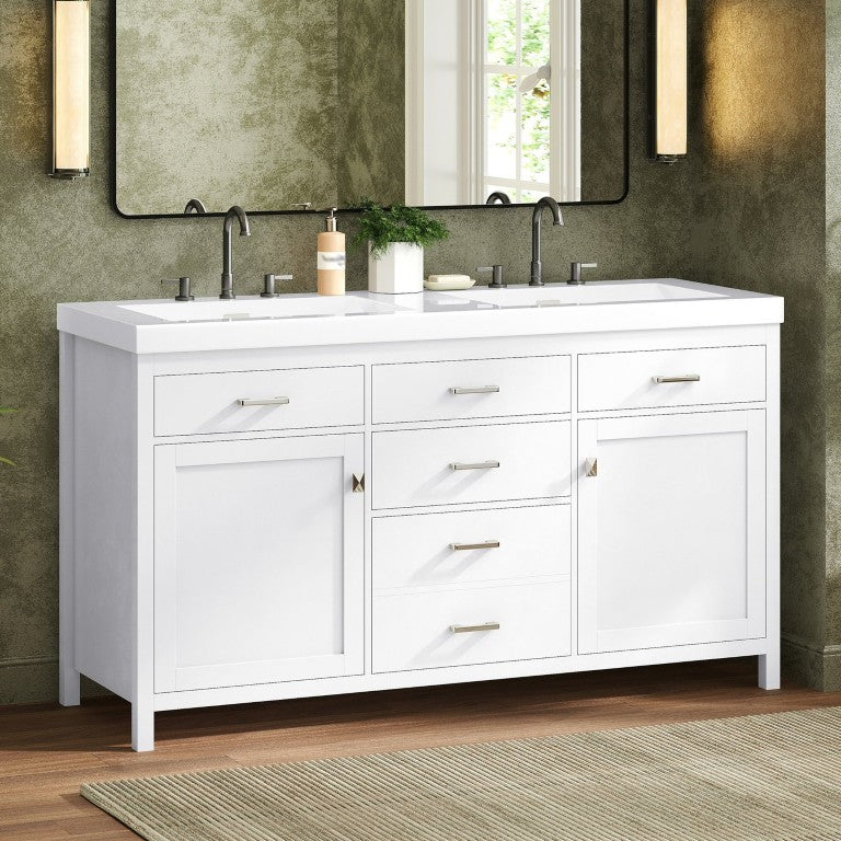 English Elm Video 30 Inch Freestanding Bathroom Vanity with Ceramic Sink and Rubberwood Legs in White 59.1 inches MDF,Resin N759S459611K