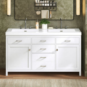 English Elm Video 30 Inch Freestanding Bathroom Vanity with Ceramic Sink and Rubberwood Legs in White 59.1 inches MDF,Resin N759S459611K