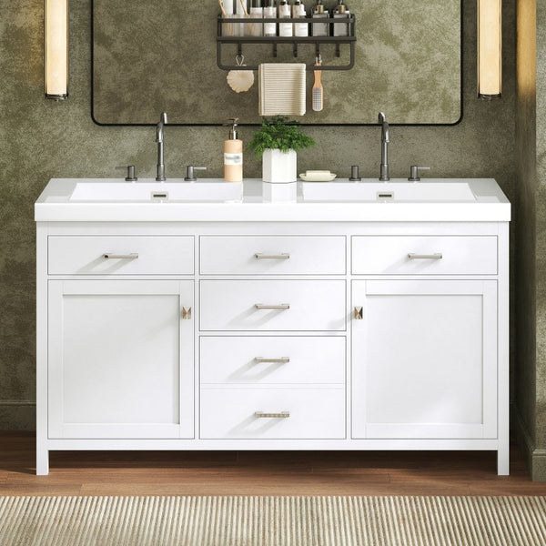 English Elm Video 30 Inch Freestanding Bathroom Vanity with Ceramic Sink and Rubberwood Legs in White 59.1 inches MDF,Resin N759S459611K