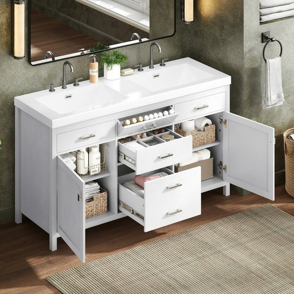 English Elm Video 30 Inch Freestanding Bathroom Vanity with Ceramic Sink and Rubberwood Legs in White 59.1 inches MDF,Resin N759S459611K