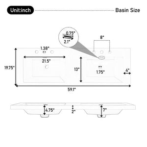 English Elm Video 30 Inch Freestanding Bathroom Vanity with Ceramic Sink and Rubberwood Legs in White 59.1 inches MDF,Resin N759S459611K
