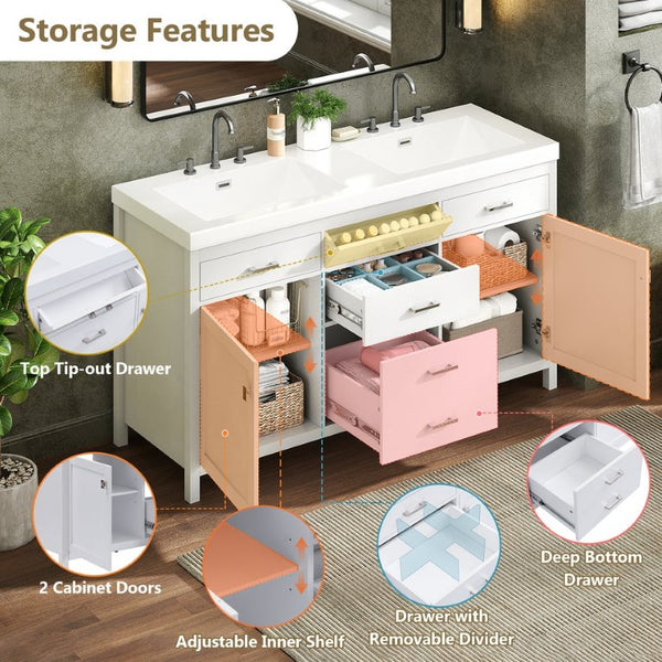 English Elm Video 30 Inch Freestanding Bathroom Vanity with Ceramic Sink and Rubberwood Legs in White 59.1 inches MDF,Resin N759S459611K
