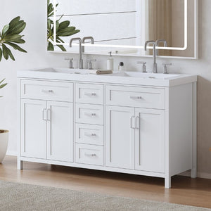 English Elm Video 59 Inch Double Sink Bathroom Vanity White MDF Resin Top Soft Close Storage N759S459612K