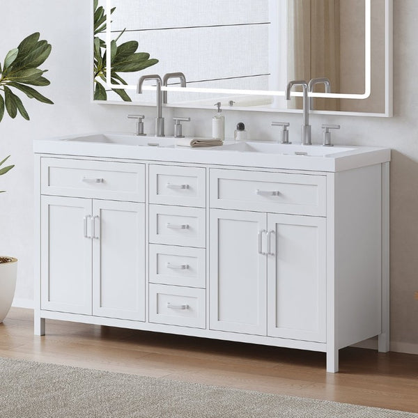 English Elm Video 59 Inch Double Sink Bathroom Vanity White MDF Resin Top Soft Close Storage N759S459612K