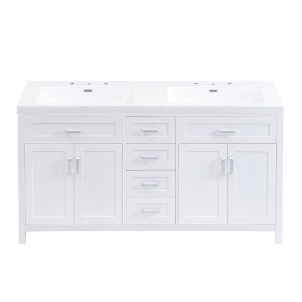 English Elm Video 59 Inch Double Sink Bathroom Vanity White MDF Resin Top Soft Close Storage N759S459612K