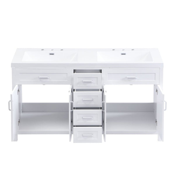 English Elm Video 59 Inch Double Sink Bathroom Vanity White MDF Resin Top Soft Close Storage N759S459612K