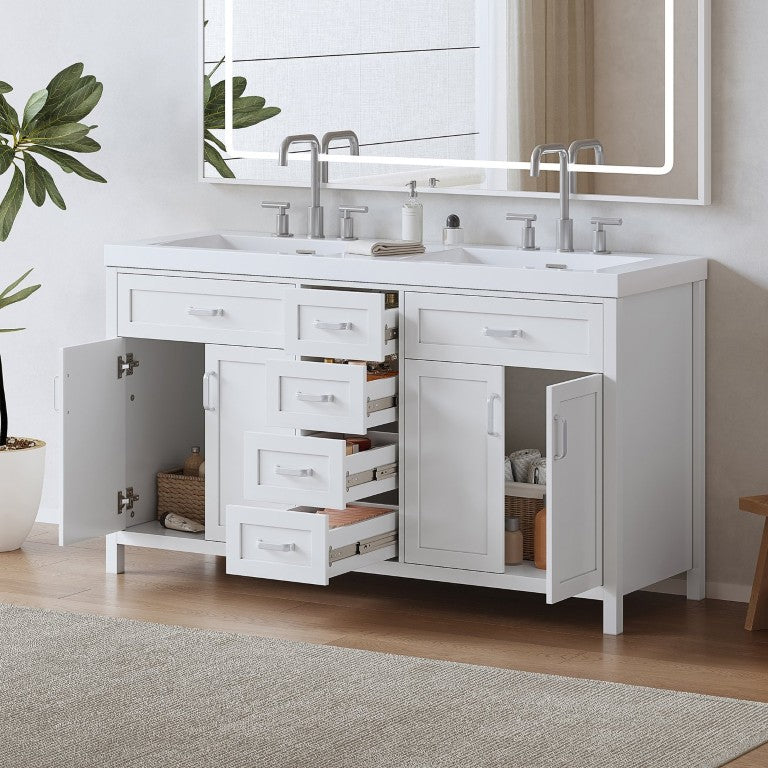 English Elm Video 59 Inch Double Sink Bathroom Vanity White MDF Resin Top Soft Close Storage N759S459612K