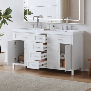 English Elm Video 59 Inch Double Sink Bathroom Vanity White MDF Resin Top Soft Close Storage N759S459612K