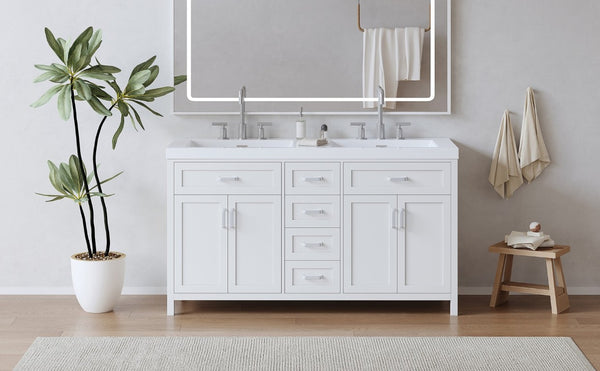English Elm Video 59 Inch Double Sink Bathroom Vanity White MDF Resin Top Soft Close Storage N759S459612K