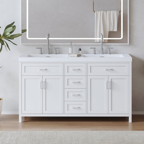 English Elm Video 59 Inch Double Sink Bathroom Vanity White MDF Resin Top Soft Close Storage N759S459612K