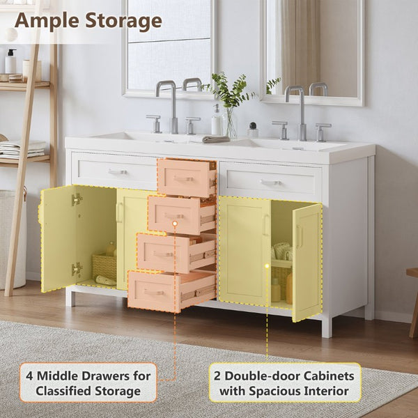 English Elm Video 59 Inch Double Sink Bathroom Vanity White MDF Resin Top Soft Close Storage N759S459612K