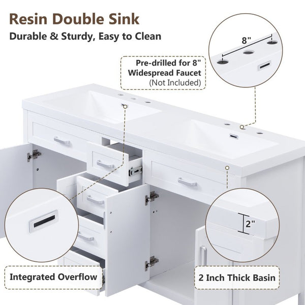 English Elm Video 59 Inch Double Sink Bathroom Vanity White MDF Resin Top Soft Close Storage N759S459612K