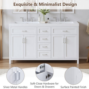 English Elm Video 59 Inch Double Sink Bathroom Vanity White MDF Resin Top Soft Close Storage N759S459612K