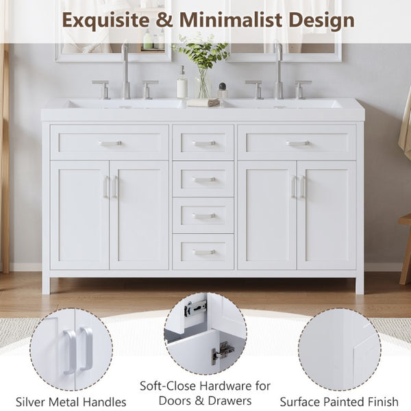 English Elm Video 59 Inch Double Sink Bathroom Vanity White MDF Resin Top Soft Close Storage N759S459612K