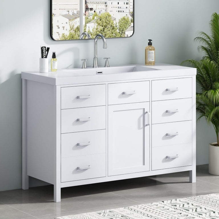 English Elm Video 47 Inch Freestanding Bathroom Vanity with Resin Sink Six Soft Close Drawers White MDF N759S459613K
