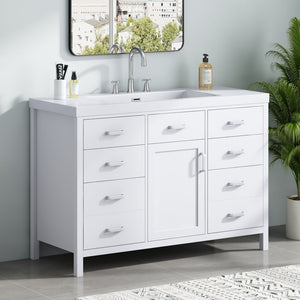 English Elm Video 47 Inch Freestanding Bathroom Vanity with Resin Sink Six Soft Close Drawers White MDF N759S459613K