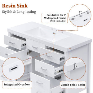 English Elm Video 47 Inch Freestanding Bathroom Vanity with Resin Sink Six Soft Close Drawers White MDF N759S459613K